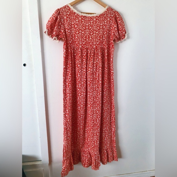 Vintage Rare 60s Unicorn Floral Folk Print Prairie Dress / Ruffles Puff Sleeves - Picture 12 of 15